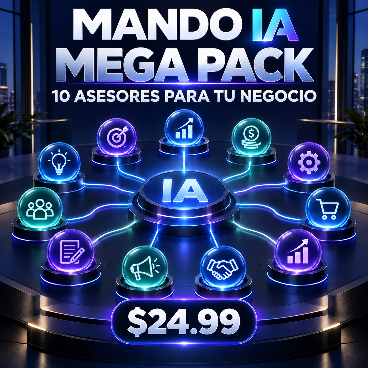 Biblioteca del Mega Pack de MANDO IA con diez asesores especializados