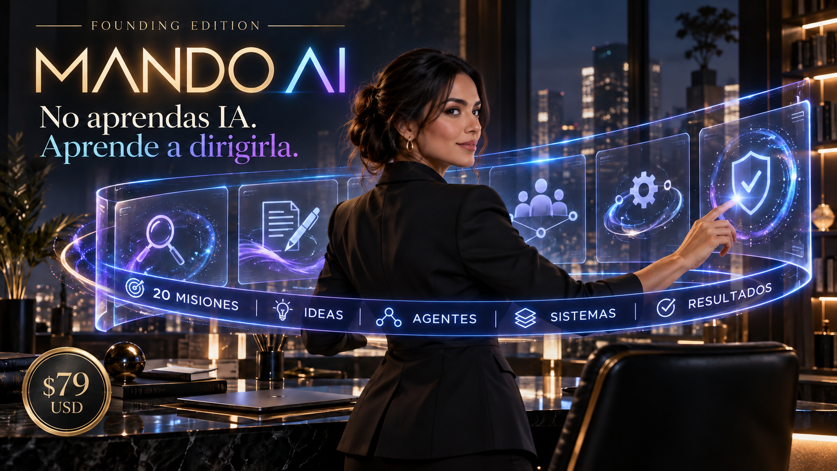 Portada oficial de MANDO IA con una mujer dirigiendo un sistema holográfico de inteligencia artificial